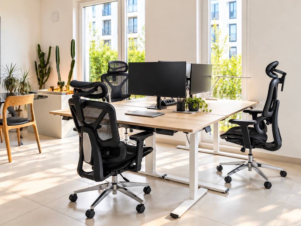 Two desks placed together with light wooden tops and white frames, holding monitors, a laptop and a plant, with three black office chairs with headrests; on the left, a table with a wooden chair in front of cacti, and large windows looking out onto greenery behind.