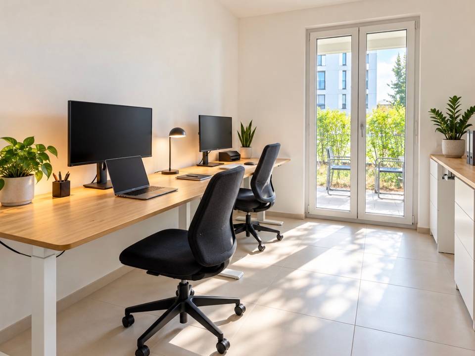 Two workstations at a long desk with a wooden top, with two monitors, a laptop, a desk lamp and plants, and two black office chairs in front; on the right, a white sideboard, and at the back, a glazed double door onto a terrace with chairs and a hedge.