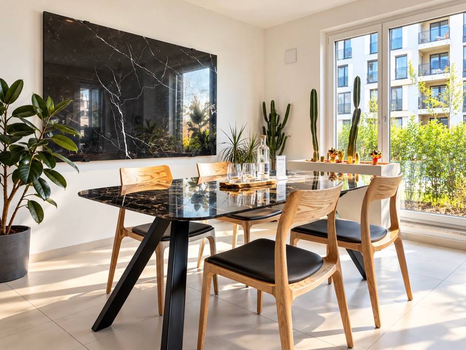 A table with a dark marbled top and four wooden chairs with black seat cushions, with a glass bottle and glasses on a wooden board; a large dark marble-effect panel on the wall, cacti by the window and a large houseplant on the left.