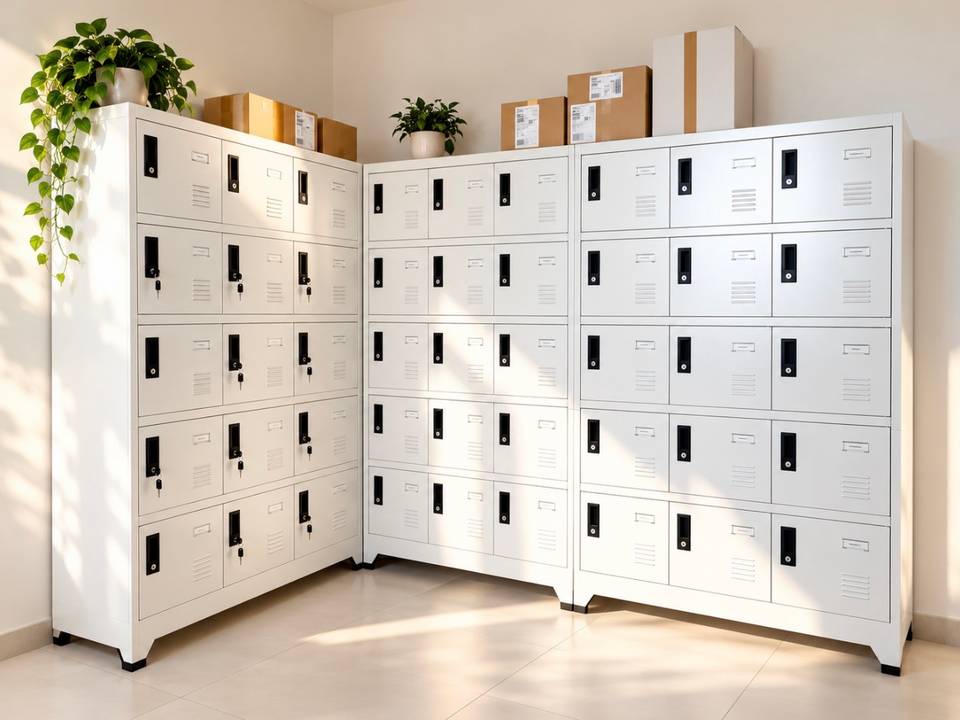 Three white metal cabinets set around a corner with many lockable compartments for tenants, keys in several of the locks; parcels and green plants on top of the cabinets.